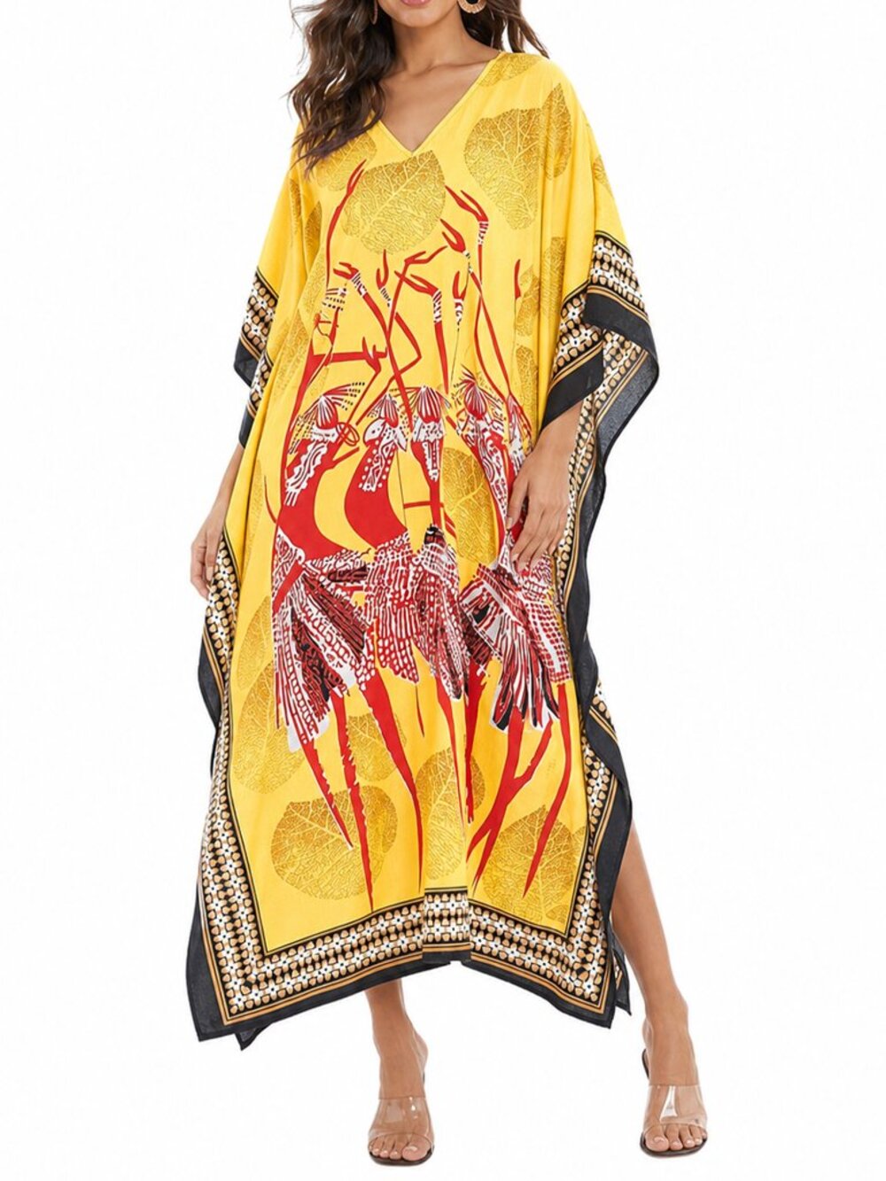 Women Yellow Tribal Printed Kaftan Dress Summer Maxi Dresses by Gypsie Blu